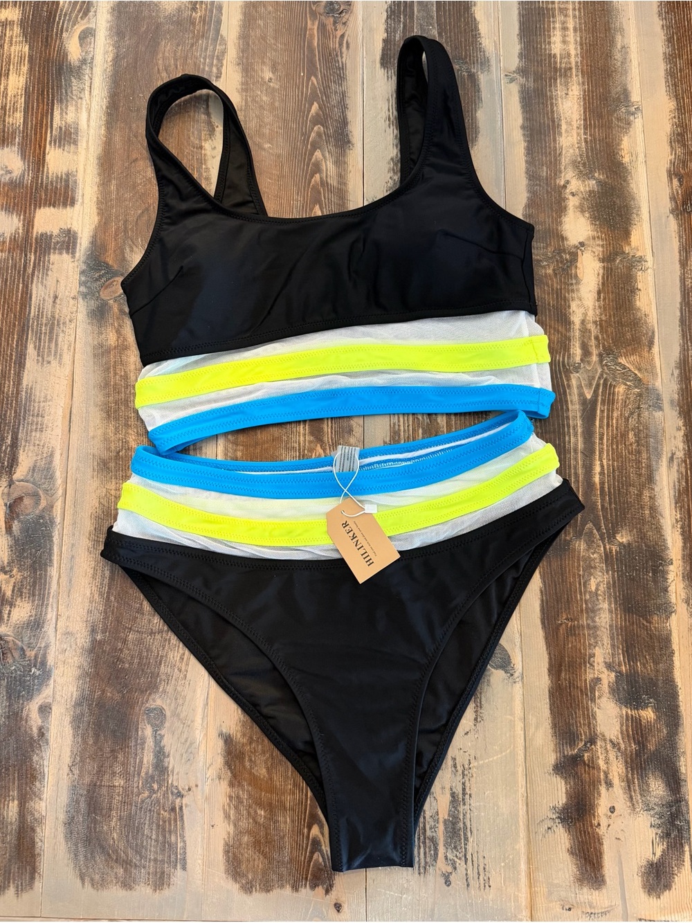 Black Bikini Set with Neon Yellow and Blue Stripe Accents